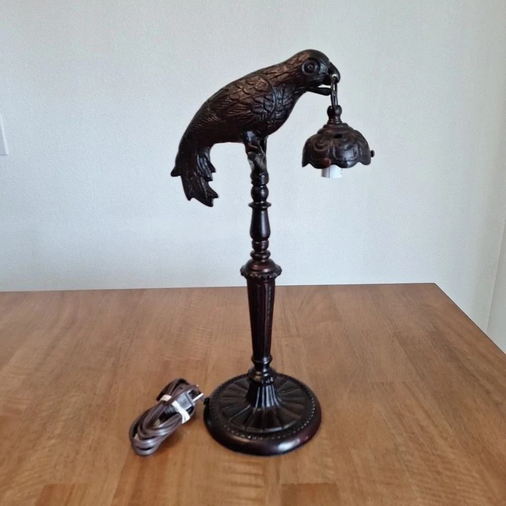 Vintage Art Deco Cast Iron Parrot W/ Lantern Lamp Working 18